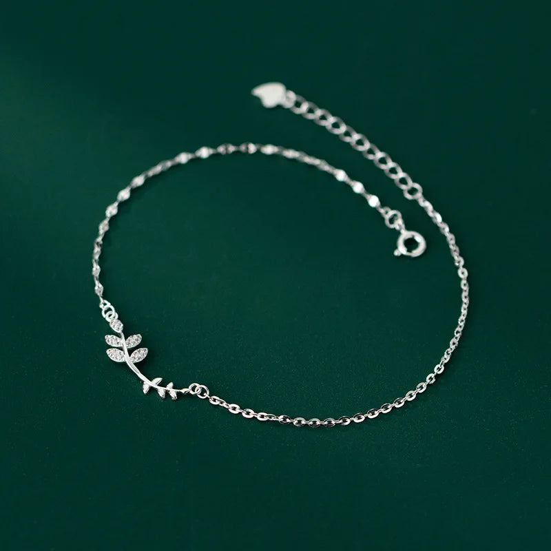 925 Silver Women's Anklet Leaves Foot Bracelets On Leg Rose Adjustable