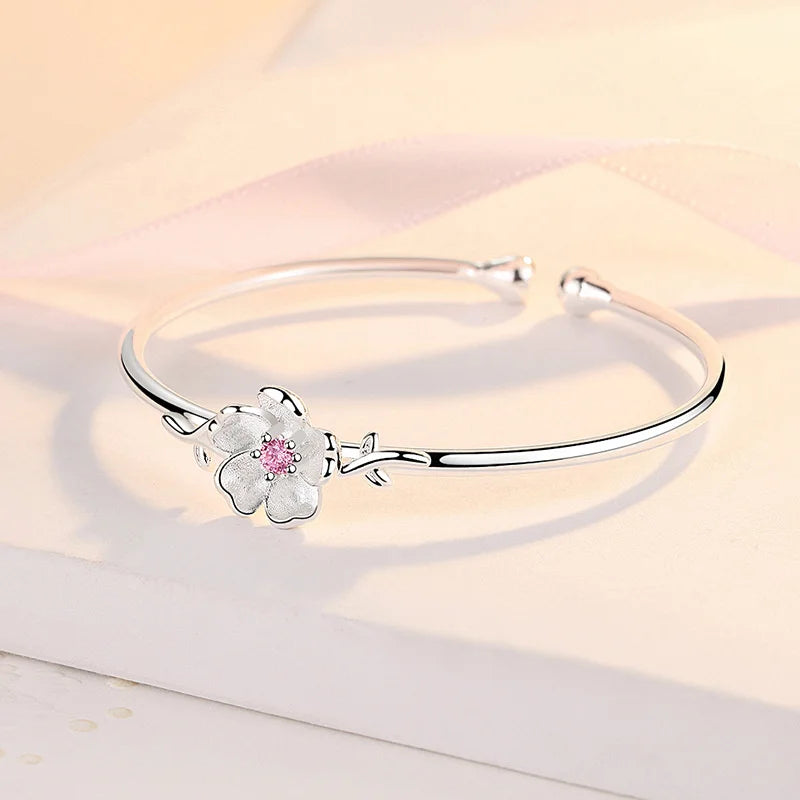 925 Silver Flower Bracelet with Diamond Charm