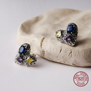 925 Silver Hearts Stud Earrings Multicolor Crystal Korea Jewelry for Girls