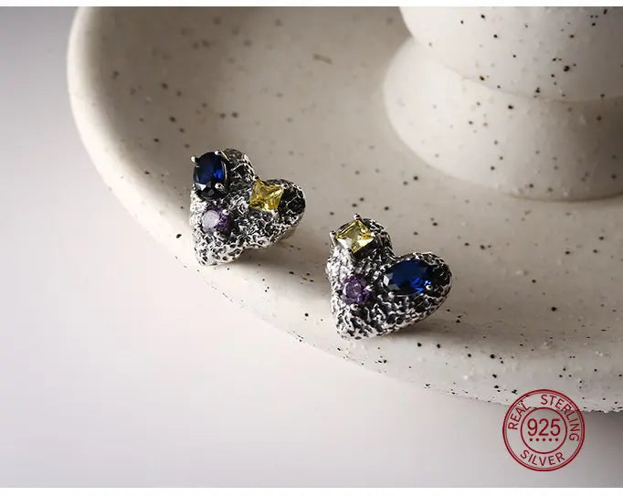 925 Silver Hearts Stud Earrings Multicolor Crystal Korea Jewelry for Girls