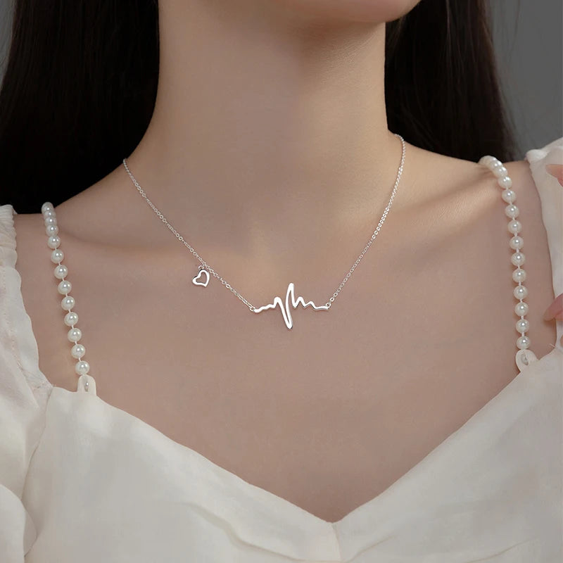 925 Silver ECG Pendant Necklace Heartbeat Jewelry