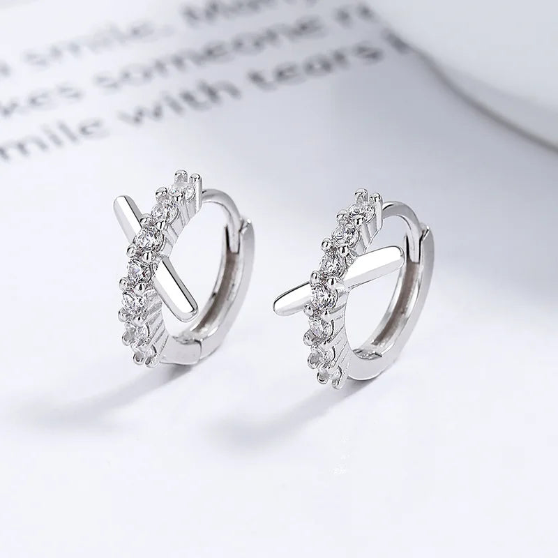 925 Silver X-shaped Crossed Zircon Earrings Crystal Hoop Wedding Jewelry