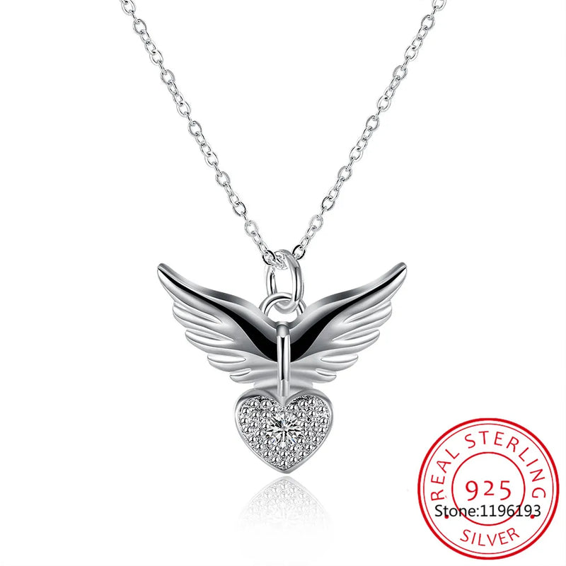 925 Silver Zircon Angel Wings Charm Pendant Necklace for Women