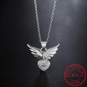 925 Silver Zircon Angel Wings Charm Pendant Necklace for Women