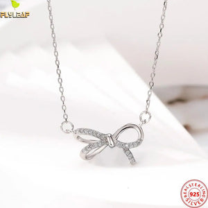 925 Silver Zircon Bowknot Pendant Necklace Fine Jewelry