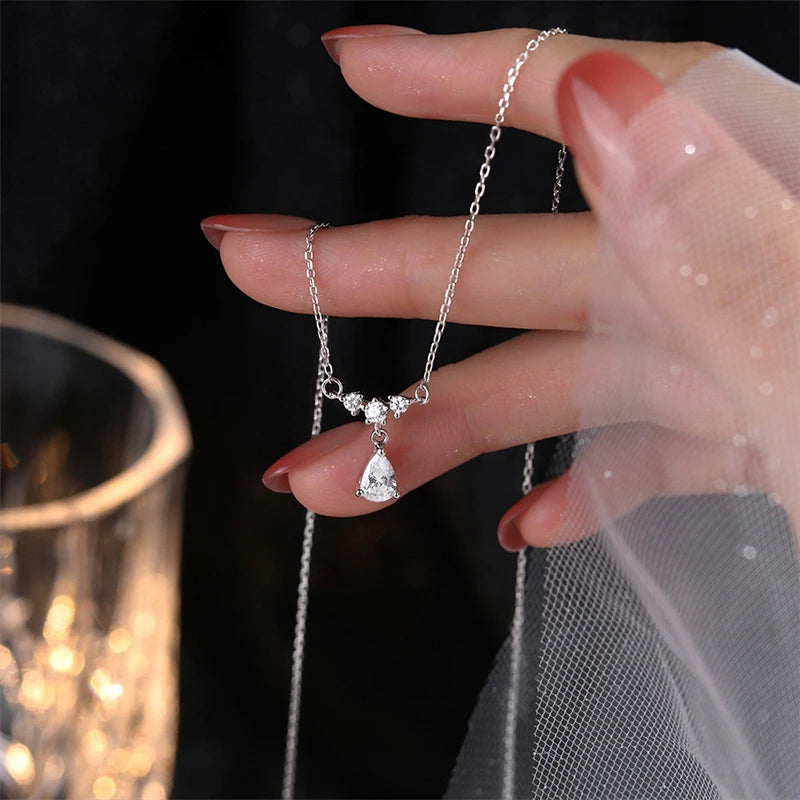 925 Silver Zircon Crystal Water Drop Pendant Necklace Wedding Jewelry