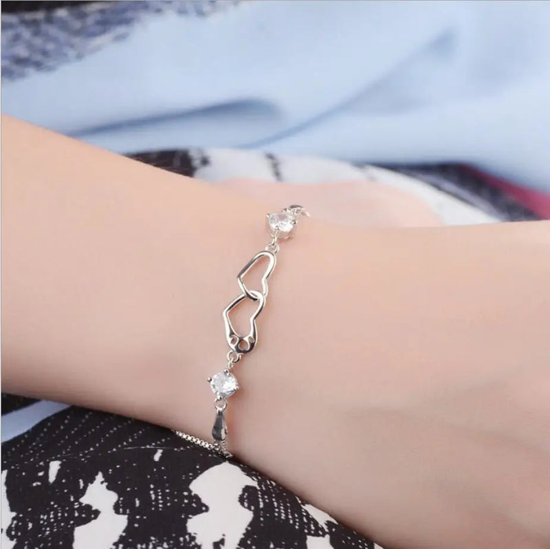 925 Silver Zircon Double Heart Bracelet Bangle Women Wedding Jewelry Gift