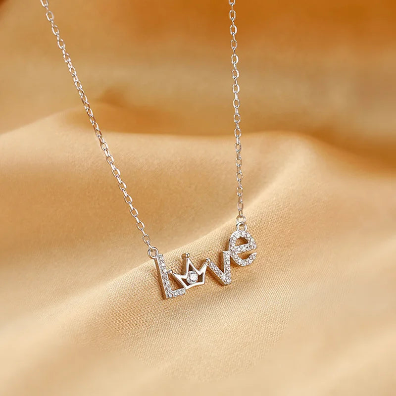 925 Sterling Silver Zircon Love Crown Charm Pendant Necklace for Women Girls