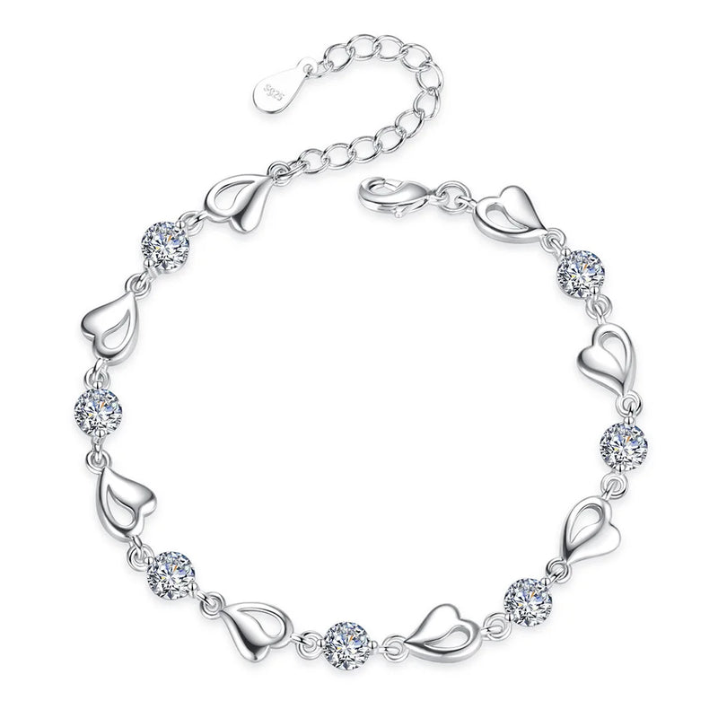 925 Silver Zircon Heart Bracelet Crystals Women Valentines Gift