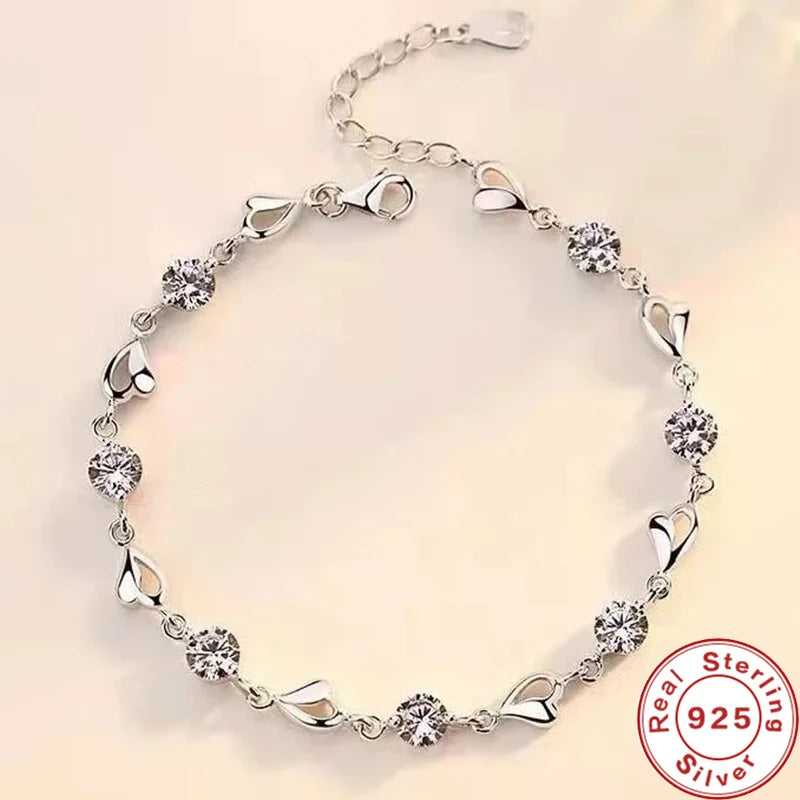 925 Silver Zircon Heart Bracelet Crystals Women Gift