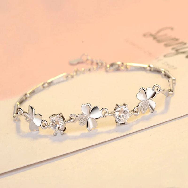 925 Silver Zircon Clover Bracelet Crystal Chain Women Valentine's Gift
