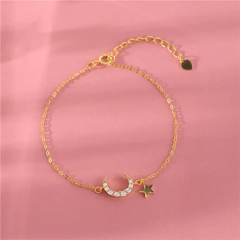 925 Silver Zircon Moon Star Bracelet 14k Plated Women Jewelry