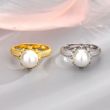 925 Silver Zircon Pearl Flower Ring Circular Jewelry Lover Wedding Gift
