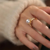925 Silver Zircon Pearl Flower Ring Circular Jewelry Lover Wedding Gift
