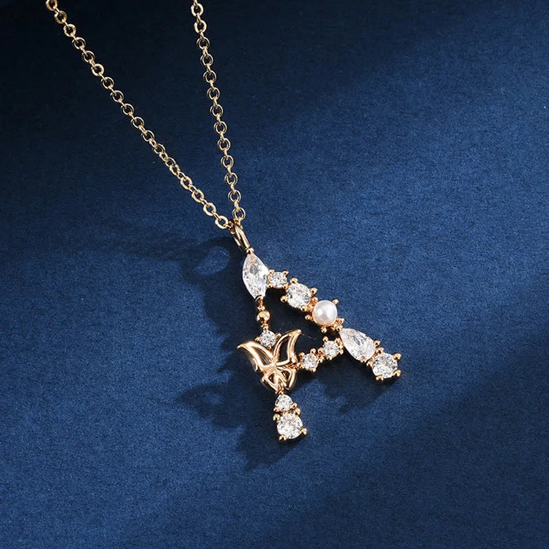 925 Silver Butterfly Zircon Necklace with 26 Letters Pearl