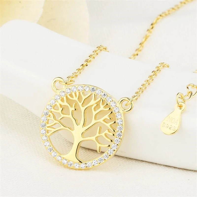 925 Sterling Silver Zircon Pendant Life Tree Crystal Necklace