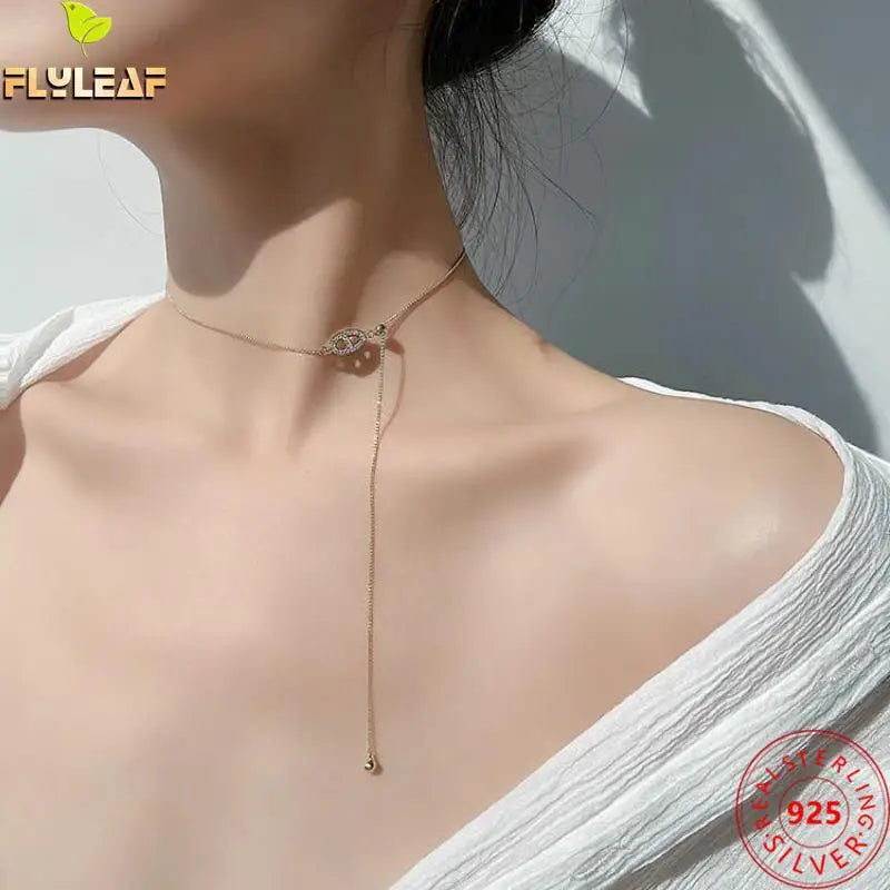 925 Silver Zircon Pig Nose Tassel Choker Necklace Light Fine Jewelry