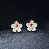 925 Silver Zircon Plum Flower Stud Earrings Retro Style 18k Plated