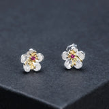 925 Silver Zircon Plum Flower Stud Earrings Retro Style 18k Plated