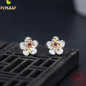 925 Silver Zircon Plum Flower Stud Earrings Retro Style 18k Plated