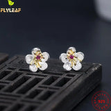 925 Silver Zircon Plum Flower Stud Earrings Retro Style 18k Plated