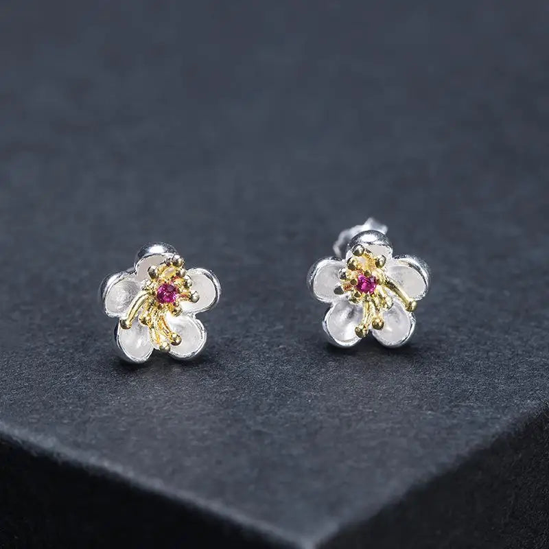 925 Silver Zircon Plum Flower Stud Earrings Retro Style 18k Plated
