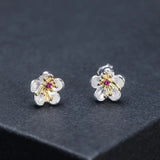 925 Silver Zircon Plum Flower Stud Earrings Retro Style 18k Plated