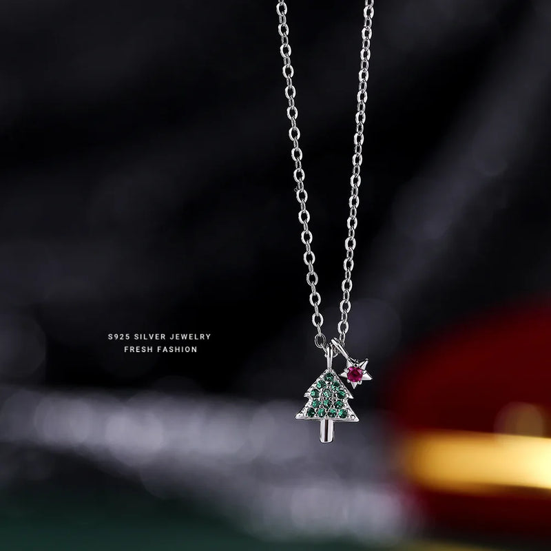 925 Silver Zircon Star Christmas Tree Necklace Women Party Jewelry
