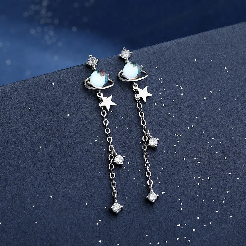 925 Silver Zircon Star Earrings Tassel Drop Fine Jewelry