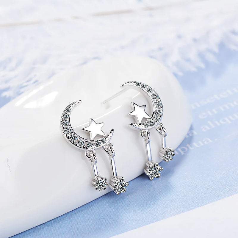 925 Silver Zircon Star Moon Tassel Stud Earrings Fine Jewelry