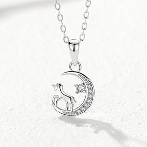 925 Silver Unicorn Moon Charm Necklace Zircon Choker Jewelry For Women