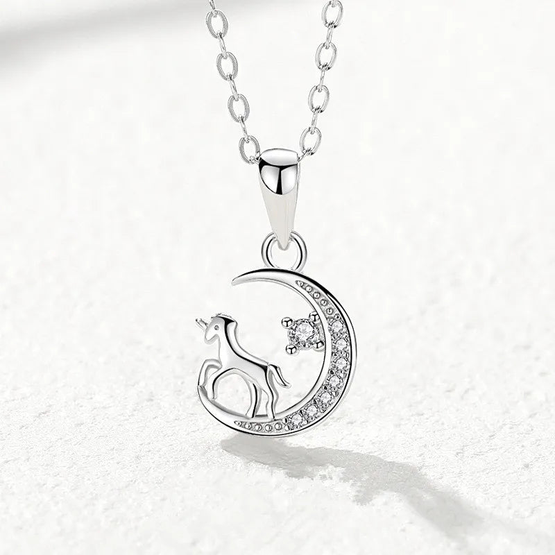 925 Silver Unicorn Moon Charm Necklace Zircon Choker Jewelry For Women