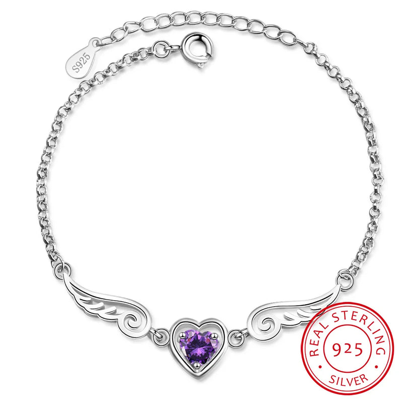925 Silver Zirconia Angel Wings Heart Bracelet Bangles For Women