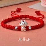 925 Silver Zodiac Pig Charm Bracelet Red Thread Agate Bangle