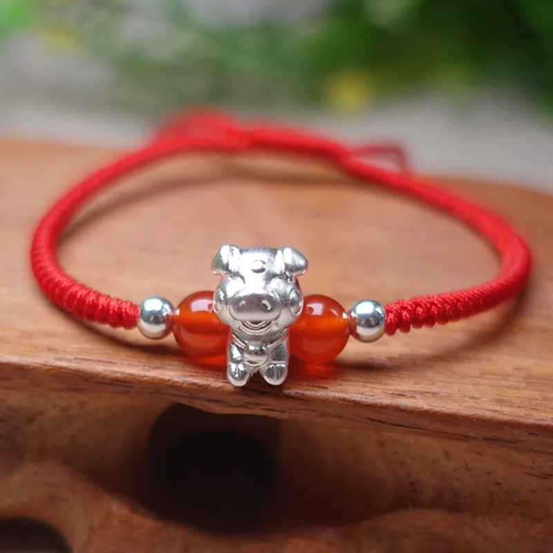 925 Silver Zodiac Pig Charm Bracelet Red Thread Agate Bangle