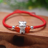 925 Silver Zodiac Pig Charm Bracelet Red Thread Agate Bangle