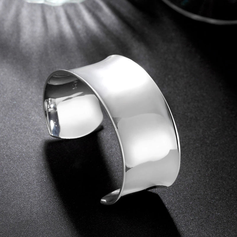 925 Silver Big Bracelets for Women Smooth Wide Bangle Wedding Party Gift