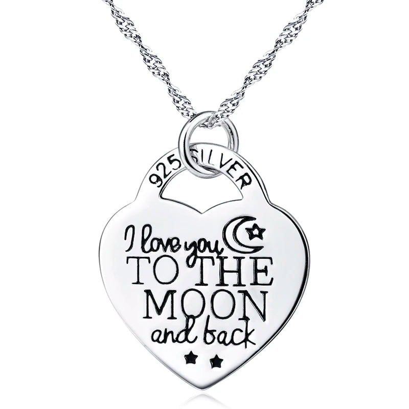 925 Silver Choker Necklace Heart Pendant Moon and Back