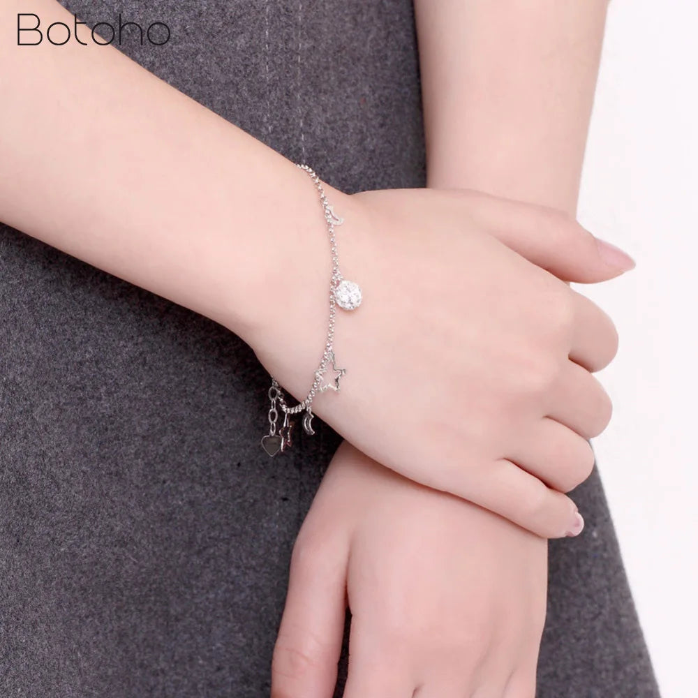 925 Silver Anklet with Zircon Moon Star Bracelet