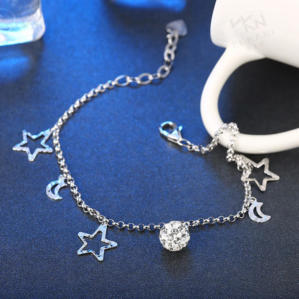 925 Silver Anklet with Zircon Moon Star Bracelet