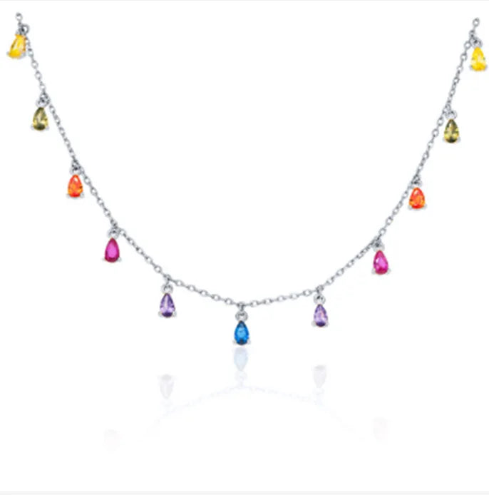 925 Silver Colorful Diamond Waterdroplet Pendant Necklace for Women Choker