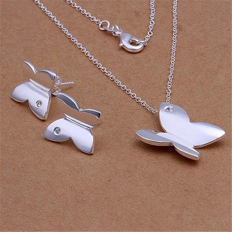 925 Silver Crystal Butterfly Necklace Earrings Set Wedding Party Jewelry