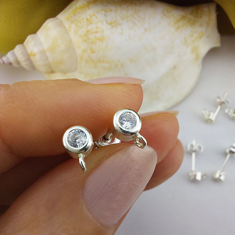 925 Silver cz Stud Earring Ear Post w/ Ring Loops, Earring Finding
