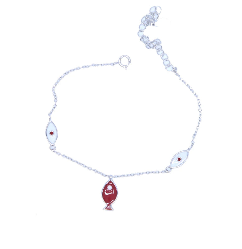 925 Silver Fish Charm Bracelet with Heart Charm for Women