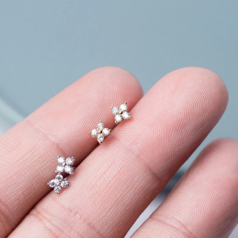 925 Silver Flower Ear Stud Inlaid with Cubic Zircon Small Earring