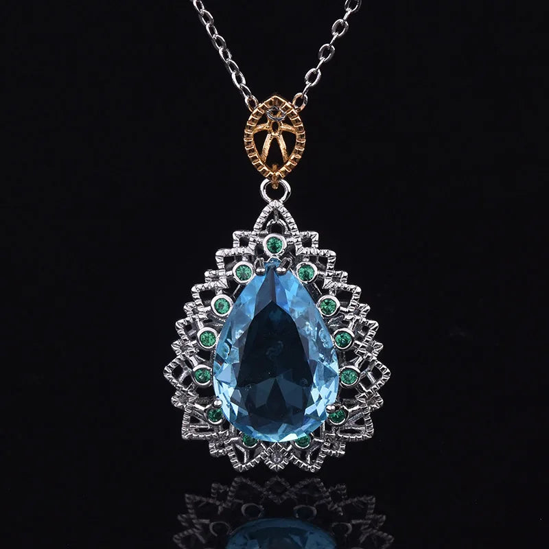 925 Silver Sapphire Water Drop Pendant Necklace Wedding Jewelry