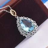 925 Silver Sapphire Water Drop Pendant Necklace Wedding Jewelry