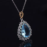 925 Silver Sapphire Water Drop Pendant Necklace Wedding Jewelry