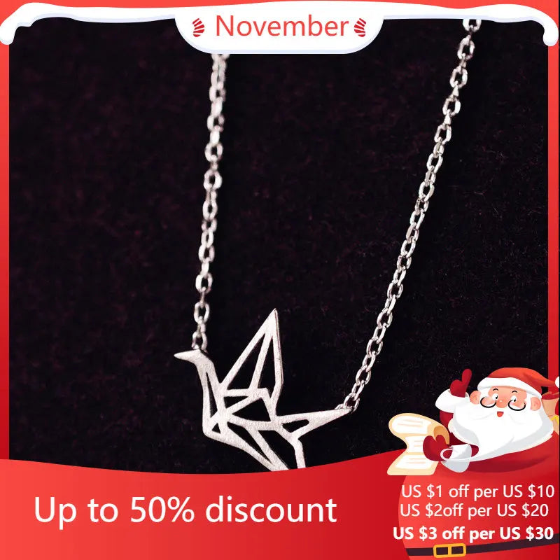 925 Silver Paper Crane Necklace Pendant Gift Women Lady