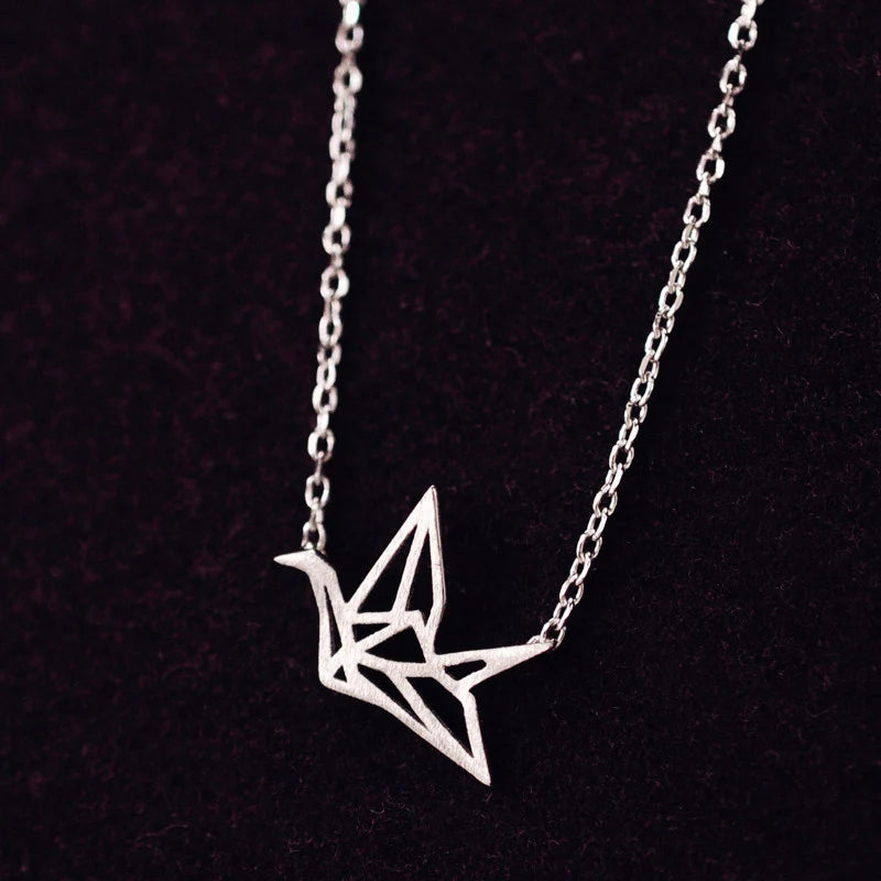 925 Silver Paper Crane Necklace Pendant Gift for Women